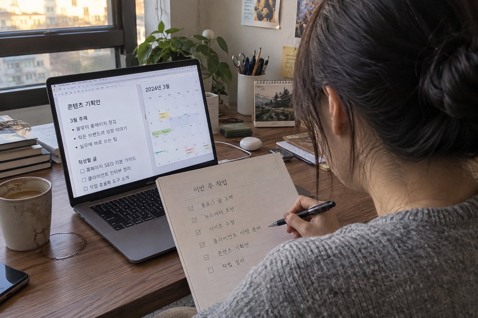 노트북과 종이 체크리스트로 콘텐츠 제작을 준비하는 작업자
